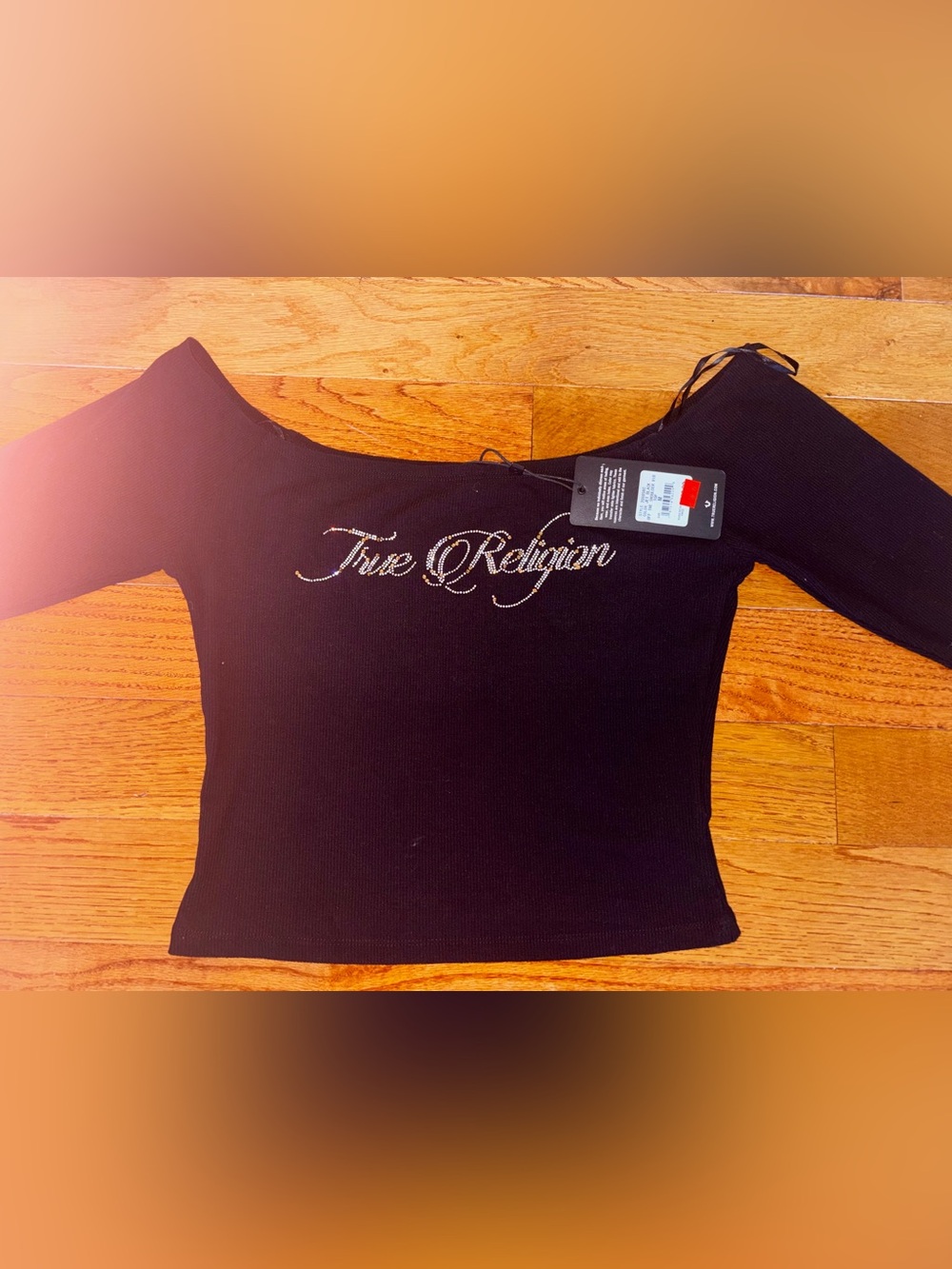 True Religion Black Off-Shoulder Ribbed Logo Crop Top